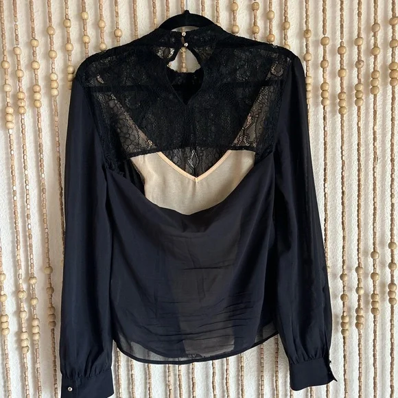 Bebe y2k Silk Victorian Goth Black Lace Sheer Long Sleeve Open Back Sexy Blouse - Picture 2 of 7